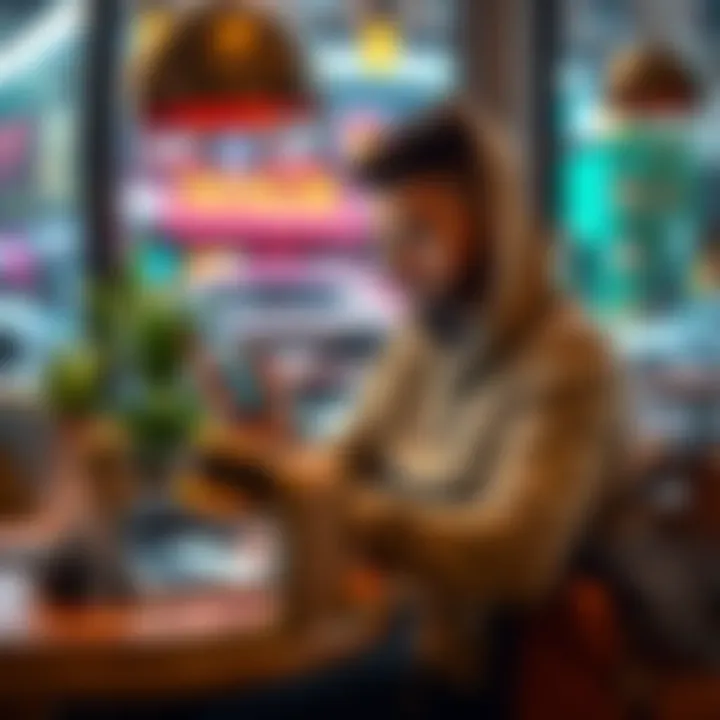 A person using a smartphone to manage self-custody crypto cards while sitting in a cozy cafe with a laptop and travel gear around them.