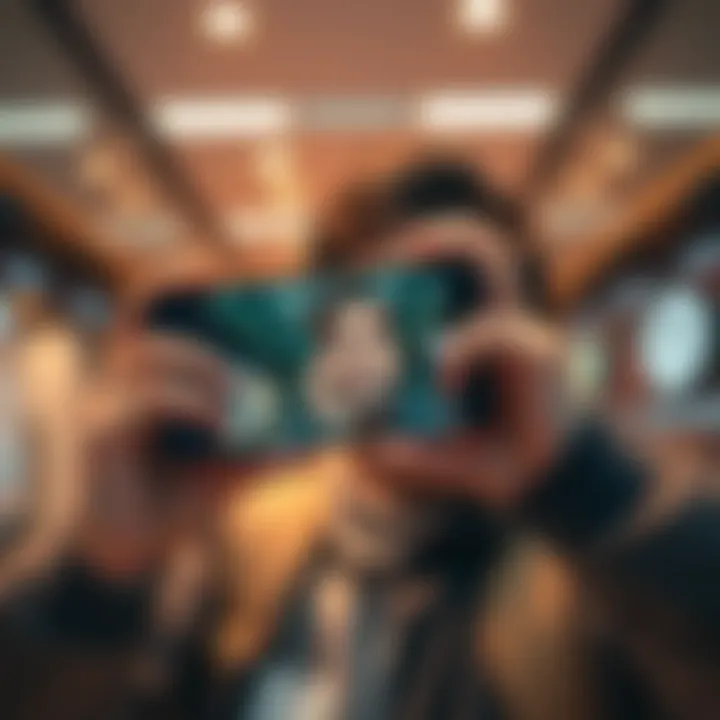 Person taking a selfie for verification A person holding a smartphone and attempting to take a selfie for account verification with a confused expression