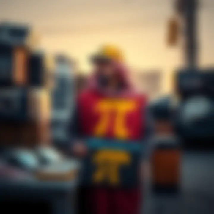 A seller in Saudi Arabia holding a sign that says 'Selling for Pi' next to various used items