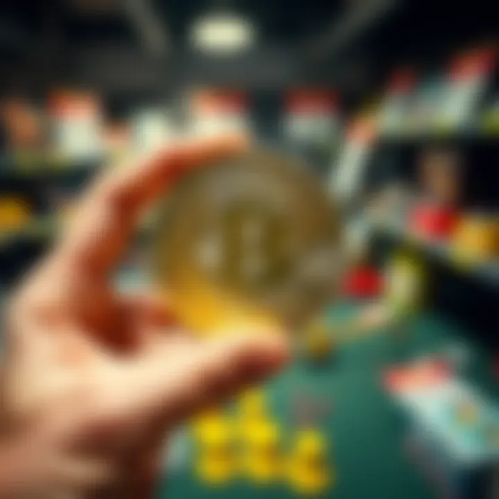 Selling Bitcoin A person holding a 2016 BTCC Mint Bitcoin with auction items in the background
