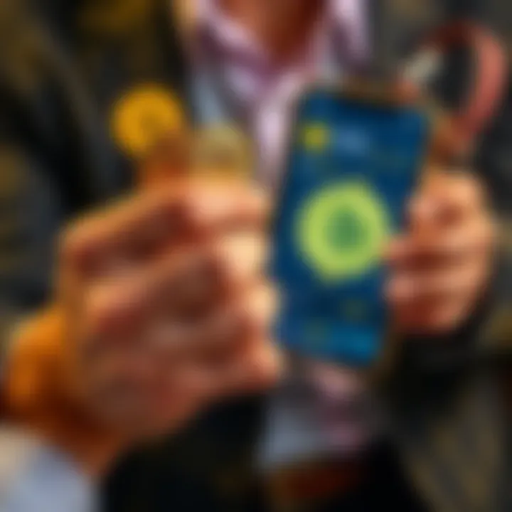 A person holding gold coins in one hand and a smartphone displaying Bitcoin in the other, symbolizing the trade between precious metal and cryptocurrency.