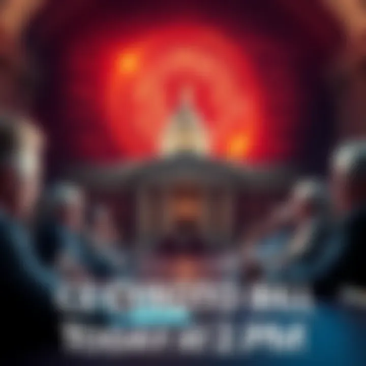 Senate members voting on a crypto bill with a digital currency graphic in the background