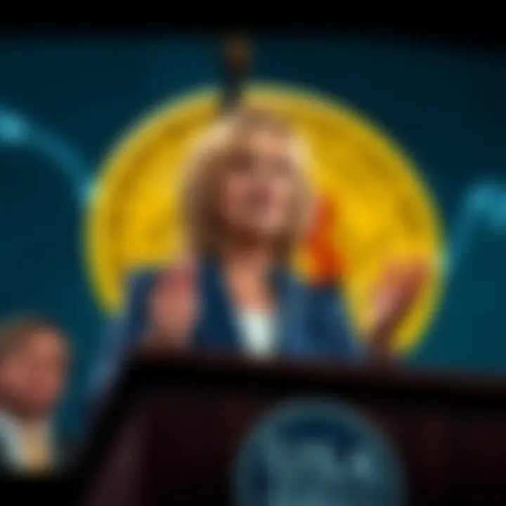 Senator Cynthia Lummis at a podium discussing Bitcoin and its importance for the U.S. economy, with a Bitcoin symbol in the background.