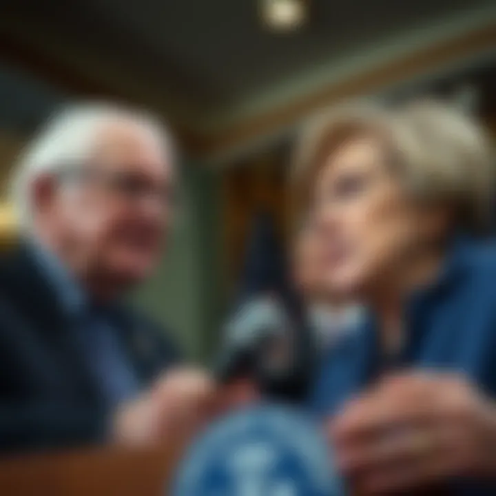Senators Bernie Sanders and Elizabeth Warren speaking at a press conference about proposed crypto rules for 401(k) plans, expressing concerns for investor protections.