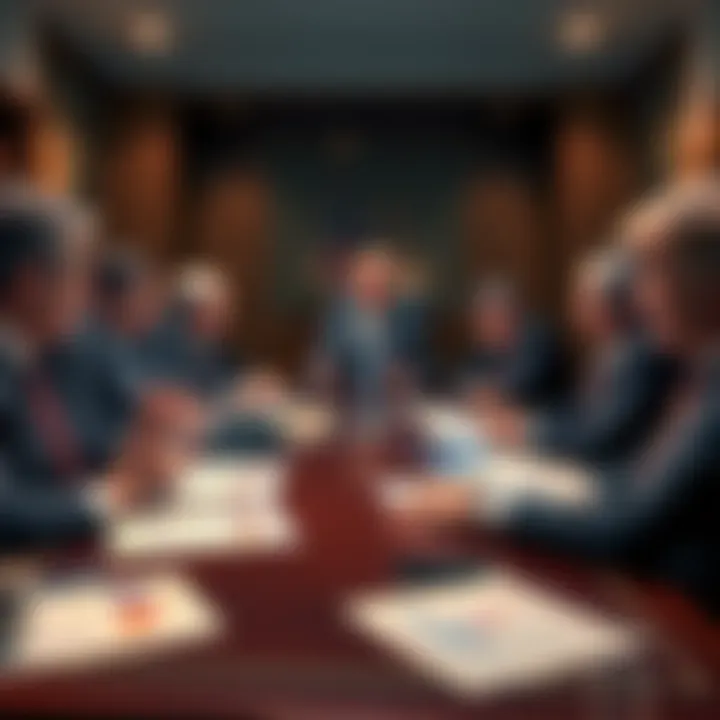 Senators discussing crypto risks A group of senators in a meeting expressing concerns about a cryptocurrency firm linked to Donald Trump, with charts and documents on the table.