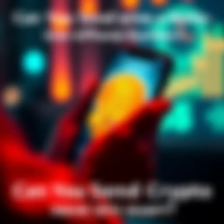 A person using a smartphone to send cryptocurrency, with a graphic showing a phone number and crypto coins