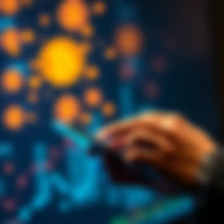 A person using a smartphone to send cryptocurrency, with digital currency symbols in the background.