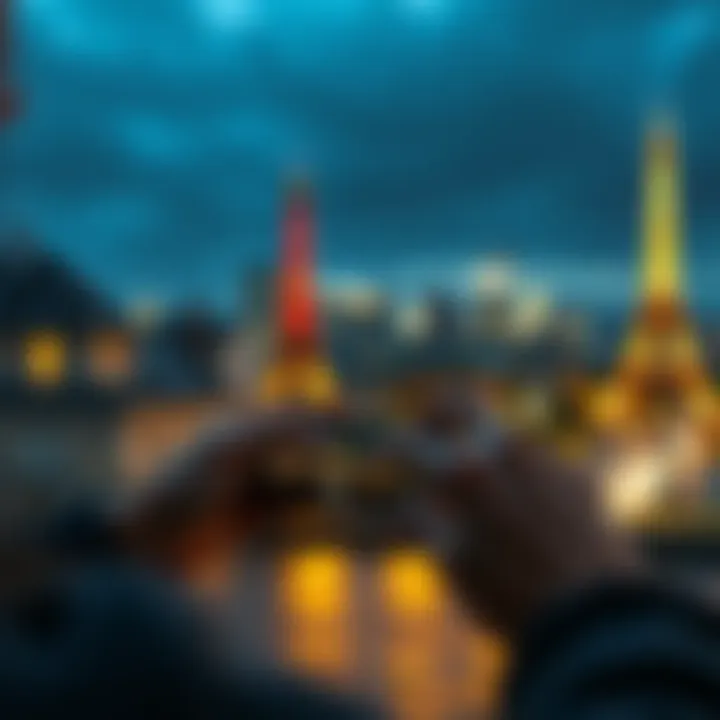 A person using a smartphone to send money to Paris via XRP, with a city skyline in the background.