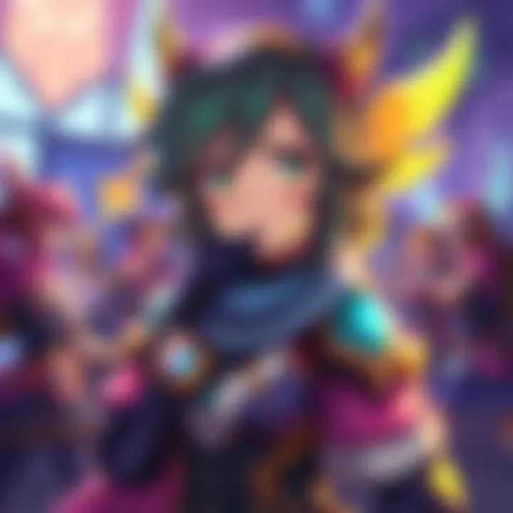 Seraphine Character Nerf A digital illustration of Seraphine, a character with musical elements, looking concerned after a nerf adjustment in a game. Gamers discuss her S+ tier status around her in a lively forum setting.