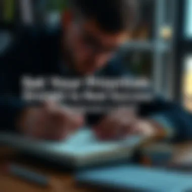 A person writing down goals and priorities in a notebook with a focused expression.