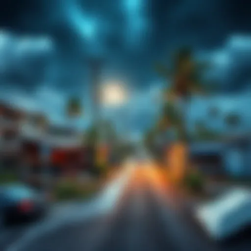 A community devastated by a Category 8 storm, with damaged buildings and fallen trees, illustrating the impact on the environment and people