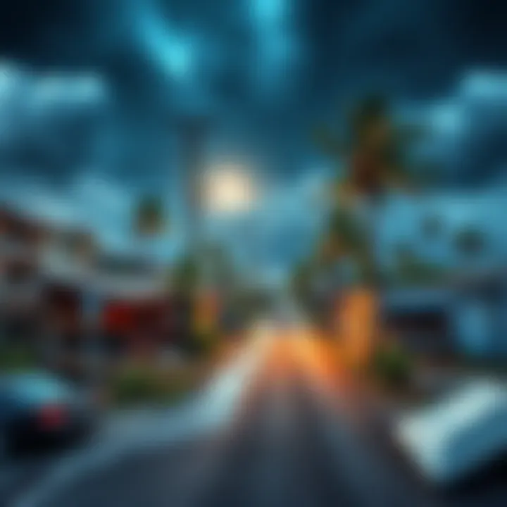 A community devastated by a Category 8 storm, with damaged buildings and fallen trees, illustrating the impact on the environment and people