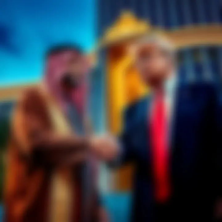 Sheikh Tahnoon and Donald Trump shake hands in front of a corporate building, symbolizing a major investment deal.