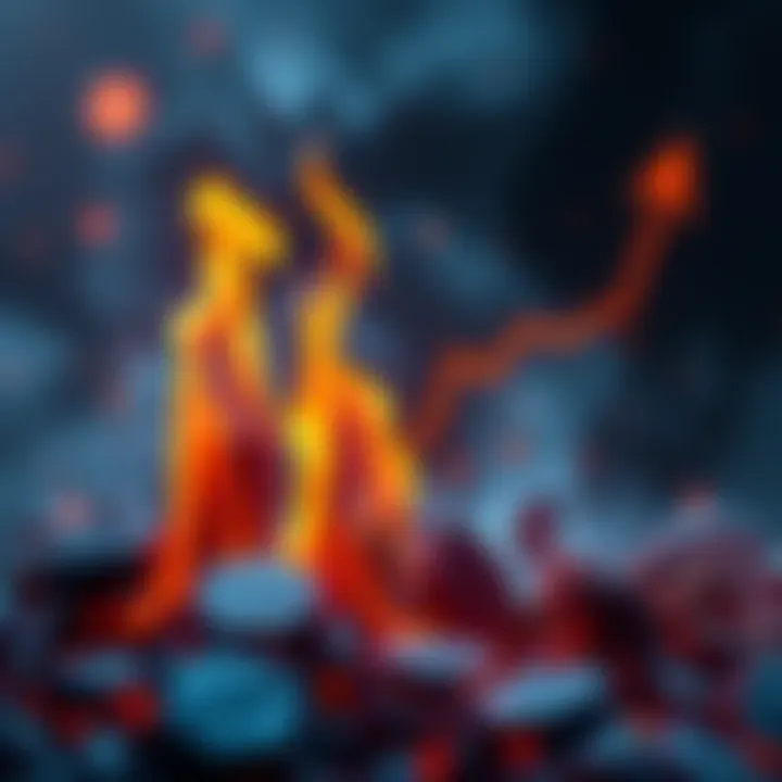 A graphic representation of a rising burn rate for SHIB tokens, showing flames and a trend line going upwards, symbolizing growth and market activity.