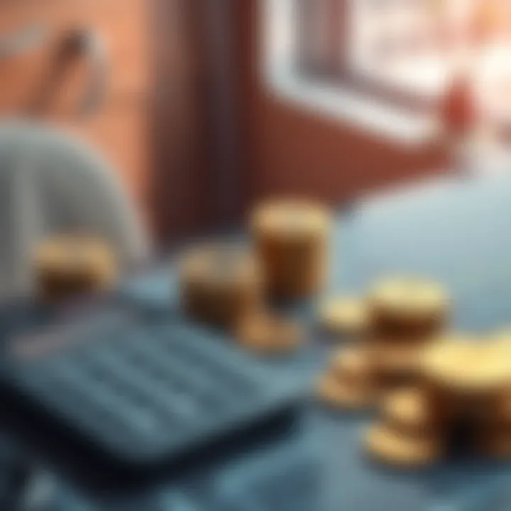 A table with Shib coins and a calculator, showing investment calculations, representing a $1000 investment in Shib.