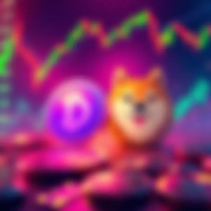 Illustration showing SHIBA INU and Dogecoin logos with declining trading volume graphs in the background