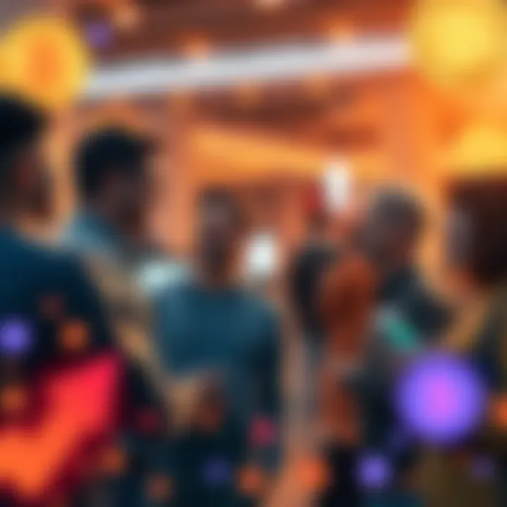 A group of people discussing SHIB purchases with excitement and hope, surrounded by memecoin graphics.