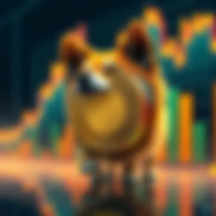 A visual representation of Shiba Inu Coin against a backdrop of fluctuating cryptocurrency trends, depicting its struggle to maintain value despite high transaction volumes.