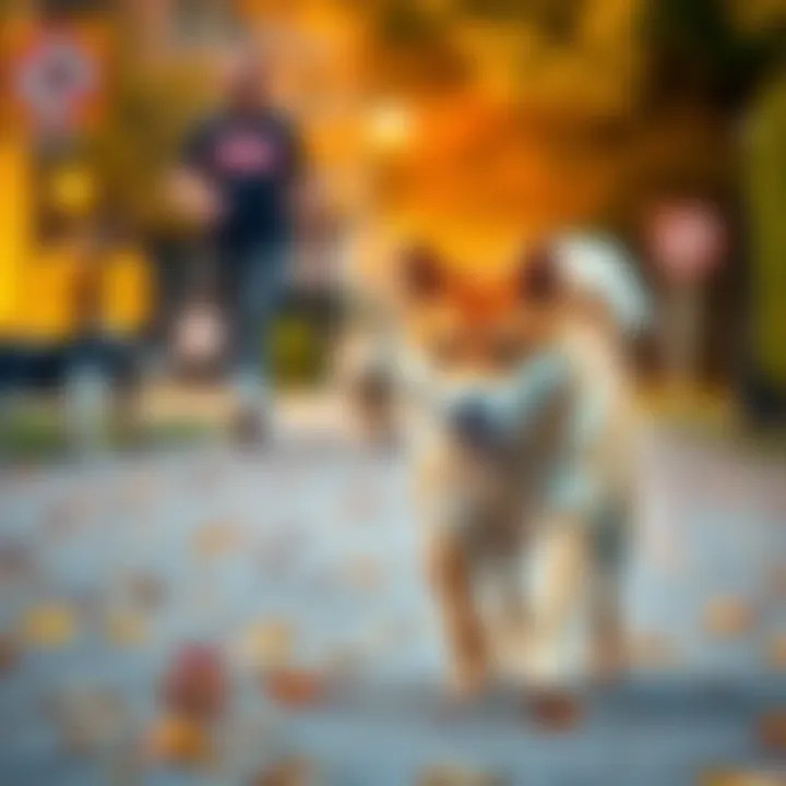 A Shiba Inu dog calmly walking while ignoring other dogs nearby in a park setting