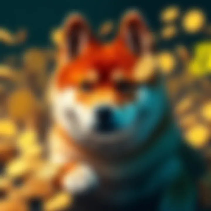 Shiba Inu Dog with Coins A Shiba Inu dog surrounded by gold coins and cryptocurrency symbols, representing its rise in the market.