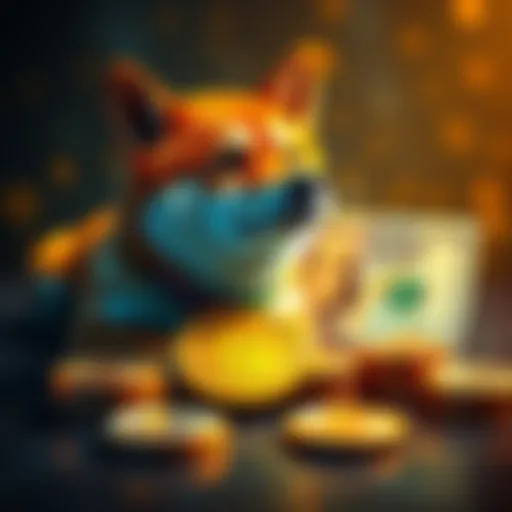 A visual representation of Shiba Inu cryptocurrency with coins and a $100 bill, symbolizing investment potential by 2030.