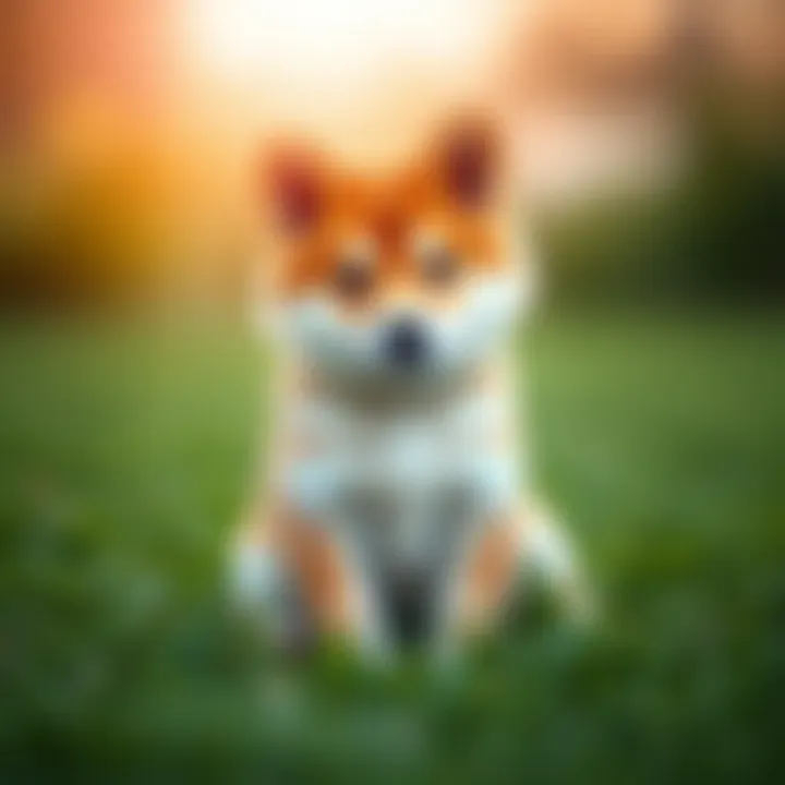 A Shiba Inu puppy sitting on grass, looking curious and playful.