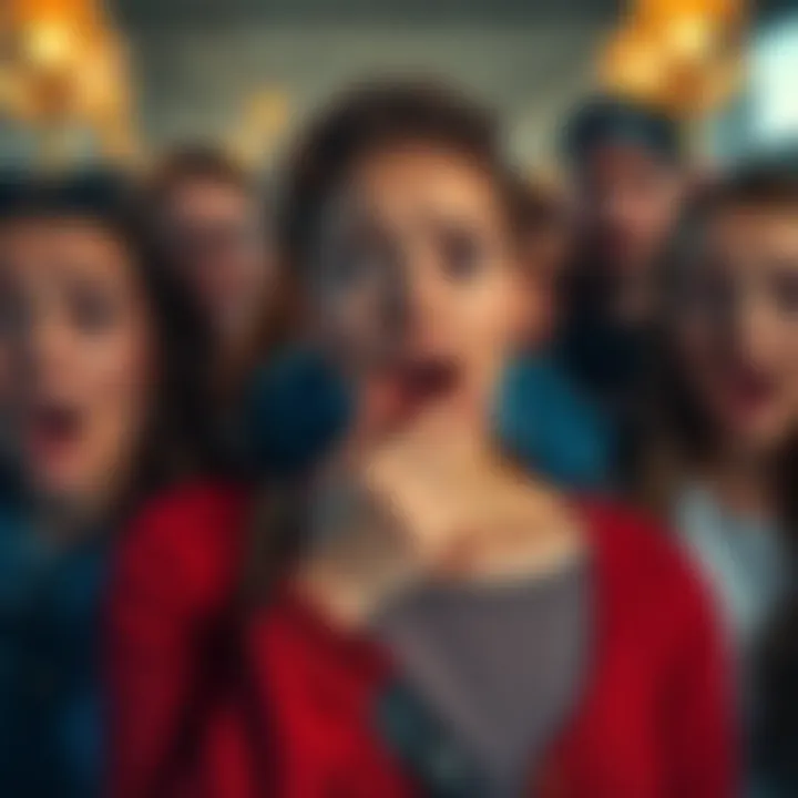 A group of people showing surprise and disbelief over shocking news, with one person covering their mouth in shock.