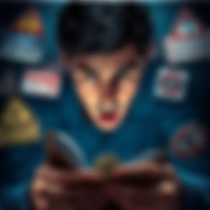 A person staring at their empty wallet in disbelief after a crypto loss, surrounded by warning signs about scams.