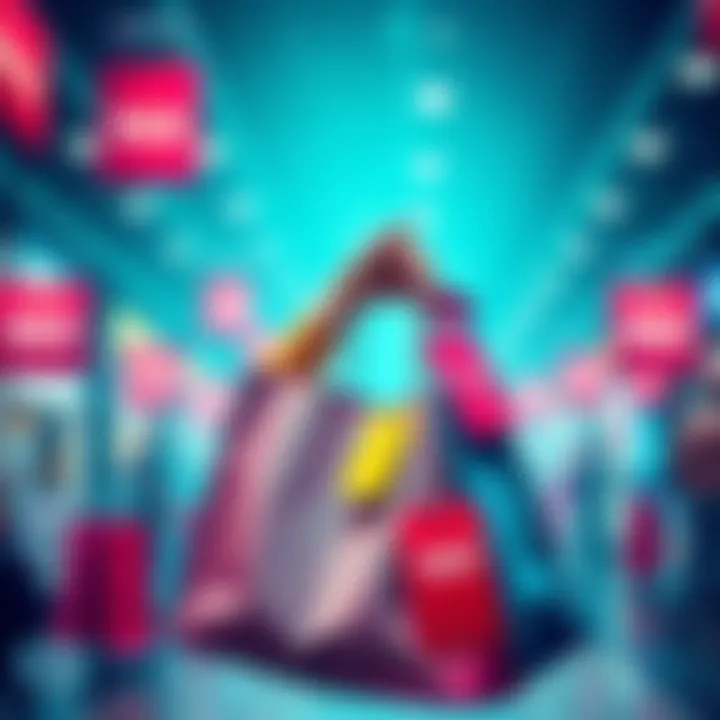 Shopping discounts A shopper holding a shopping bag with discount tags and sale signs around them