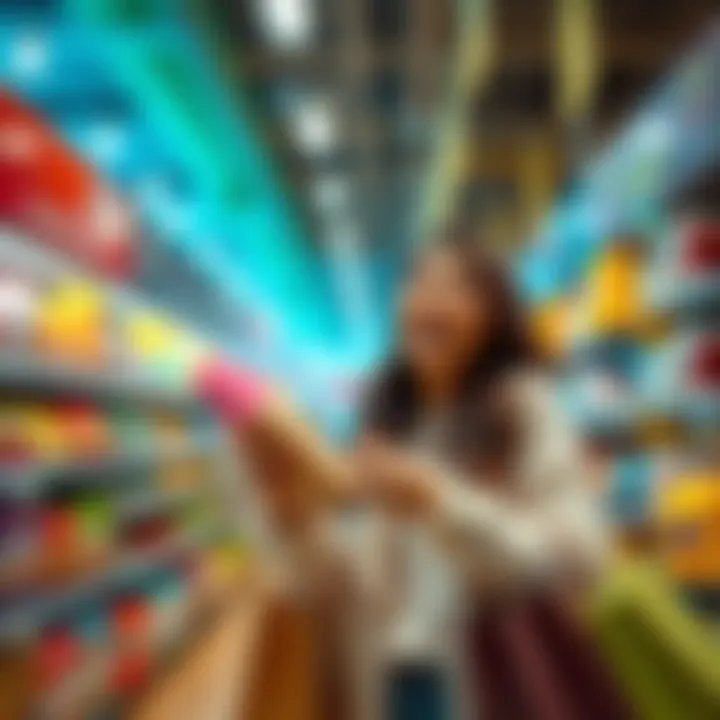 A shopper looking excited while holding sale items and enjoying price drops in a store