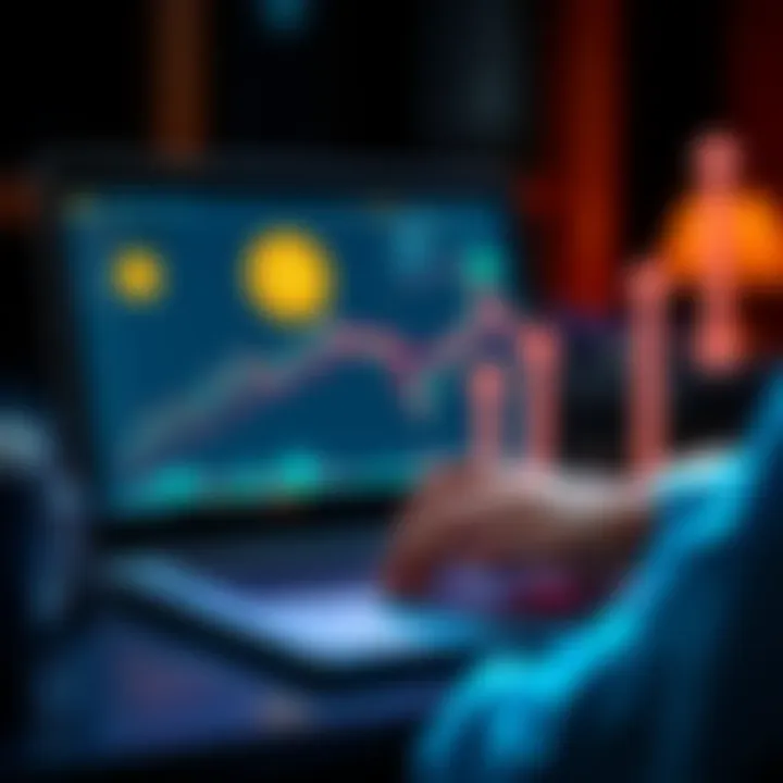 A person analyzing Bitcoin charts on a laptop, with upward and downward arrows representing market trends, reflecting the risks and rewards of betting against Bitcoin.