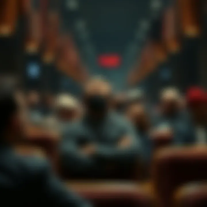 A quiet bidder sitting in an auction, observing the proceedings without engaging, while other bidders are actively participating.