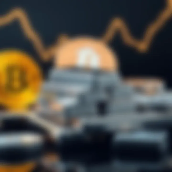 Silver bars stacked with a declining Bitcoin symbol in the background, signifying the shift in investment from cryptocurrency to precious metals.
