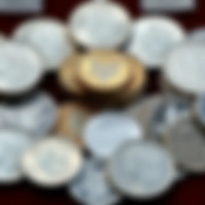 A display of various silver proof sets, including Morgans and Peace dollars, available for purchase.