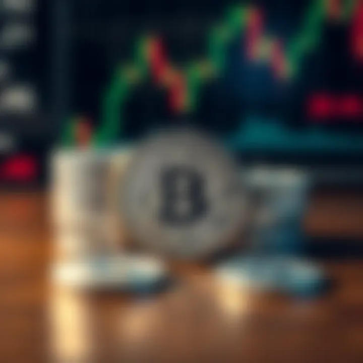 A collection of shiny silver coins designed to represent bitcoins, stacked on a wooden surface with a blurred financial graph background.