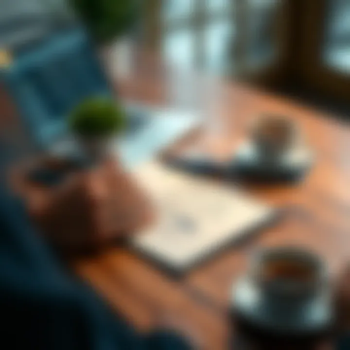 Simple Strategies for Success A person writing down tips for achieving goals on a notepad, with a laptop and coffee on the table