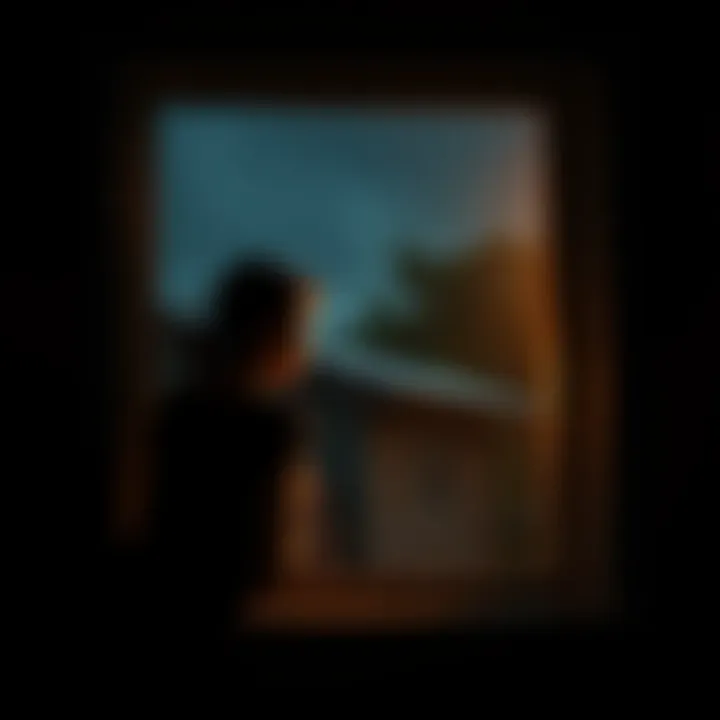 A concerned single mom peers out the window of her rural condo, scanning the surroundings for a suspicious figure in the dark, with her daughter nearby.