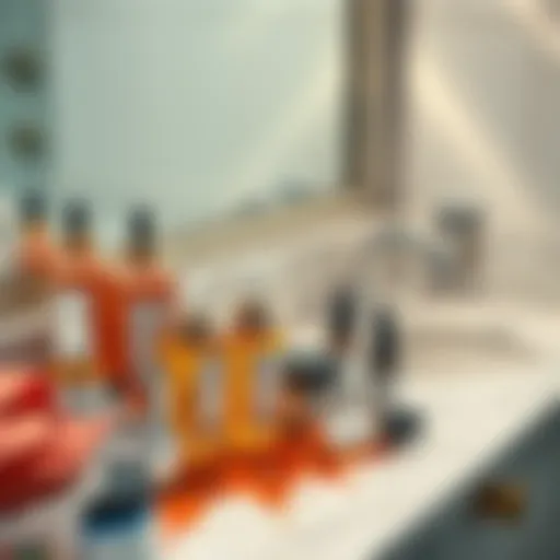 A variety of skincare products including copper peptide serum displayed on a bathroom counter with a humorous mess nearby, reflecting the author's skincare journey.