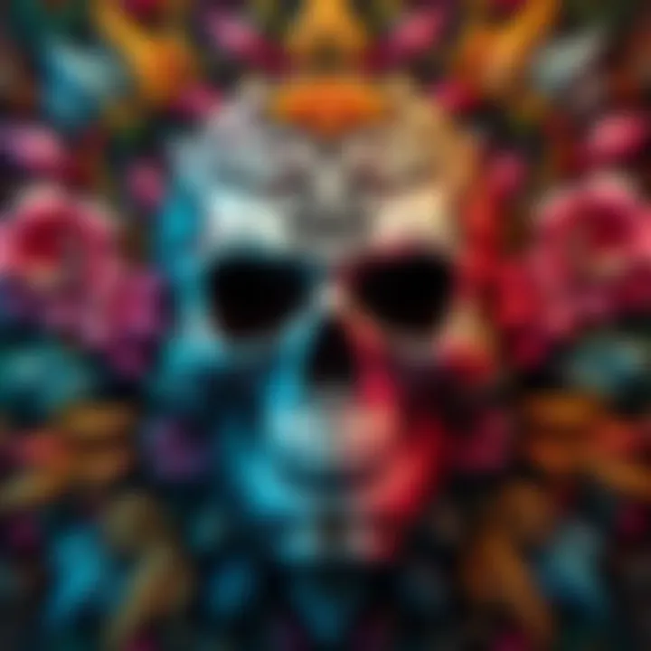 A close-up view of an intricate skull pattern with floral elements