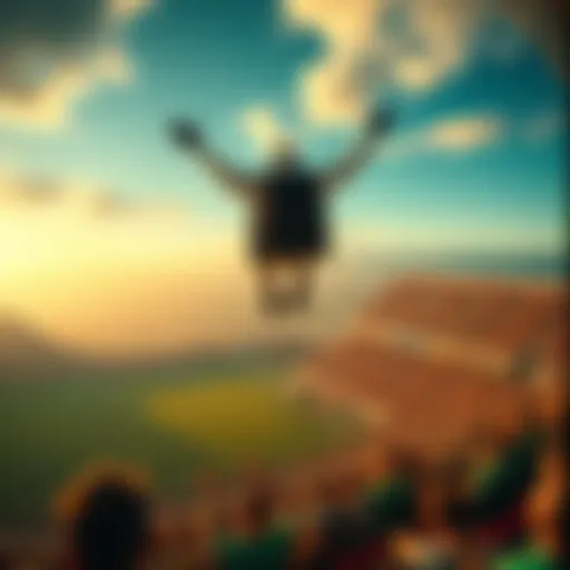 A skydiver prepares to jump into a World Cup match, with the stadium below and fans cheering.