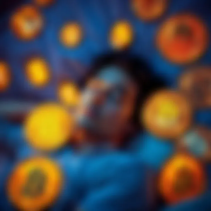 A person peacefully sleeping surrounded by Bitcoin symbols, symbolizing the connection between sleep quality and financial concerns.