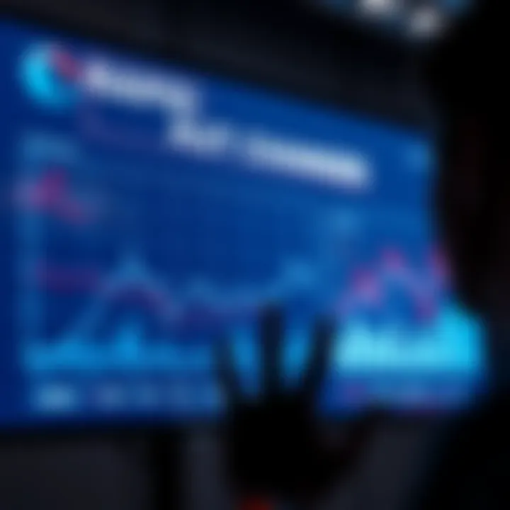 A person looking at a digital slide displaying changing predictions over time, with charts and graphs showing rapid changes.