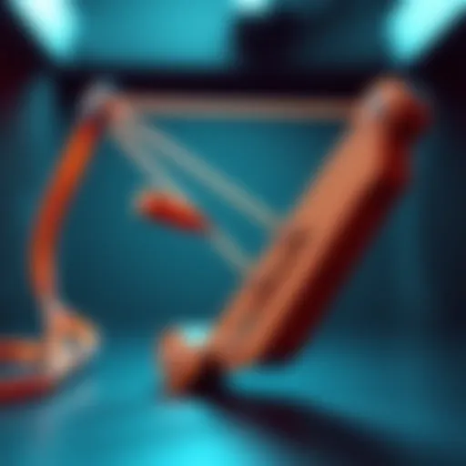 A detailed view of a slingshot demonstrating its mechanics, with the elastic band stretched back and a projectile ready to be launched, highlighting energy transfer in action.