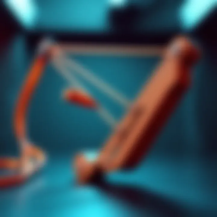 A detailed view of a slingshot demonstrating its mechanics, with the elastic band stretched back and a projectile ready to be launched, highlighting energy transfer in action.