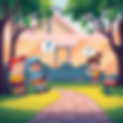 A colorful illustration featuring cute, small characters sharing light-hearted jokes in a park setting.
