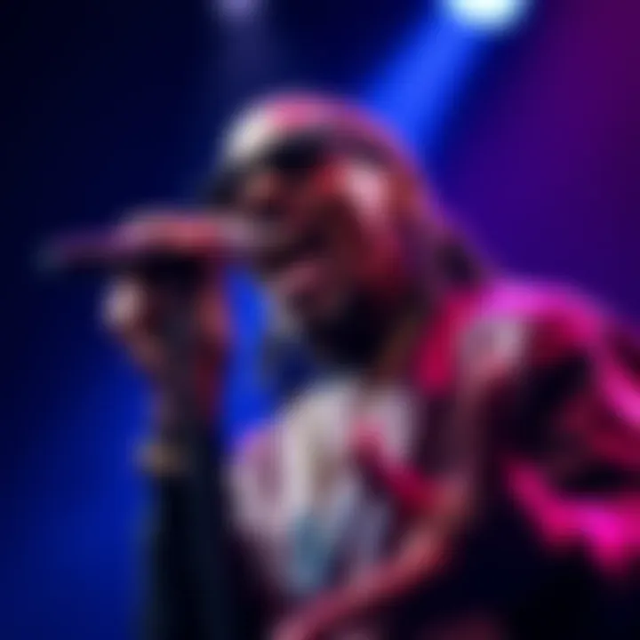 Snoop Dogg performing on stage with a microphone, representing music engagement