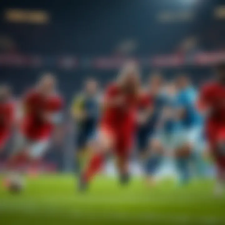 A colorful lineup of soccer players on the field during a match, showcasing teamwork and strategy for victory.