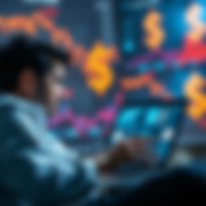 A person analyzing their social media profile on a laptop, with financial charts and dollar signs in the background, showing the connection between online presence and financial identity.