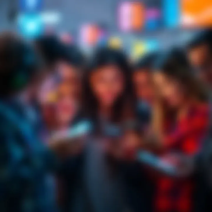 A group of diverse people engaging with their smartphones, sharing content and communicating on social media platforms.