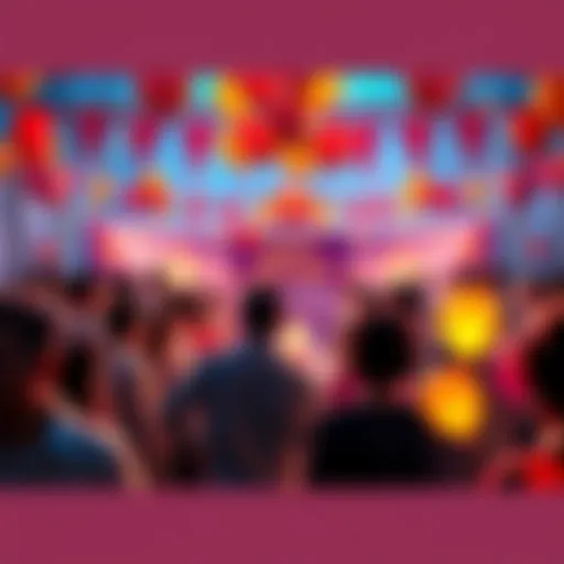 A festive scene with people gathering to celebrate Solana's six years of innovation, with balloons and banners in the background